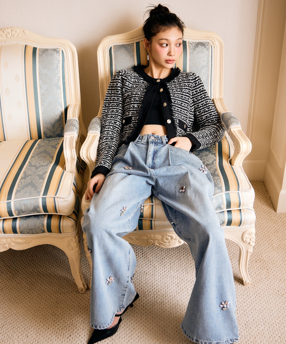 ツイードライクニットカーディガン