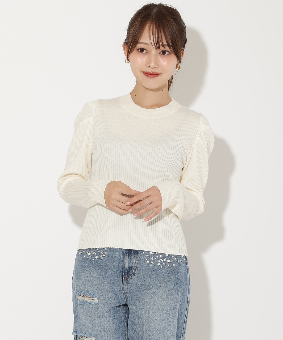 肩ギャザーハイネックリブニット