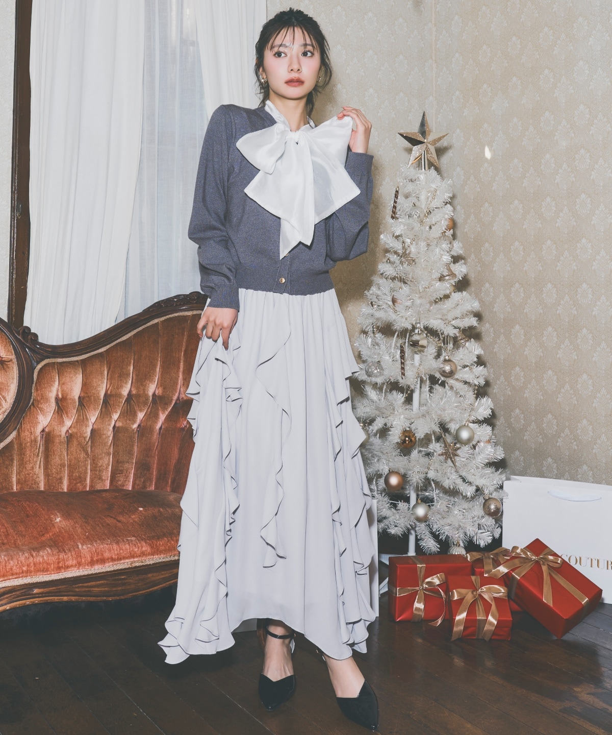 異素材リボンニットカーディガン