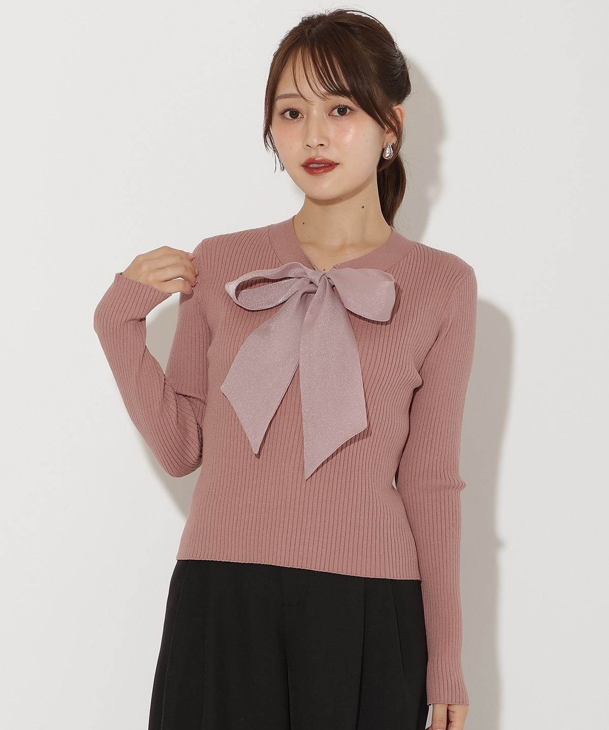 リボンボウタイ付きリブプルオーバー