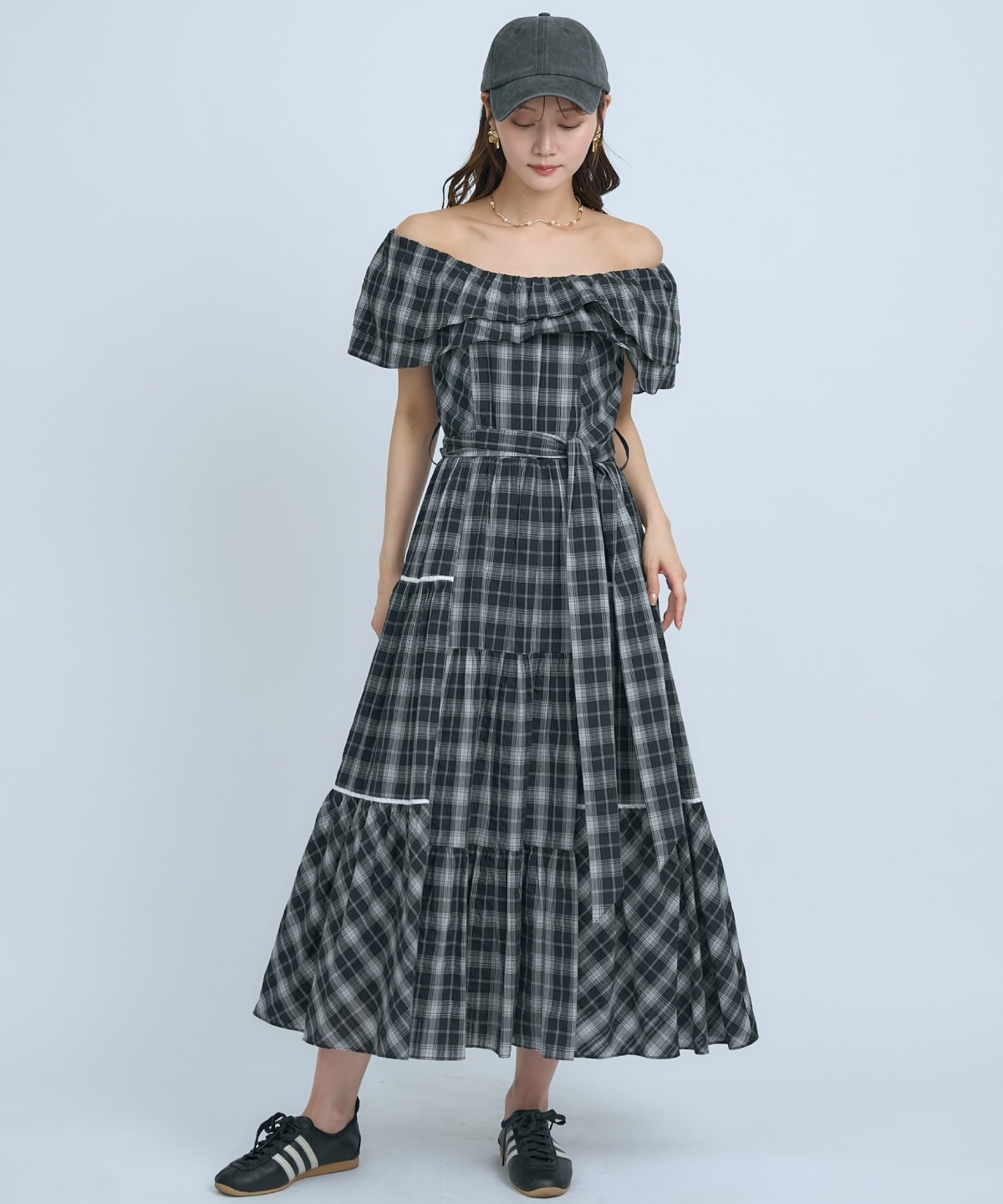 【先行予約受付中】オフショルチェックフレアワンピース