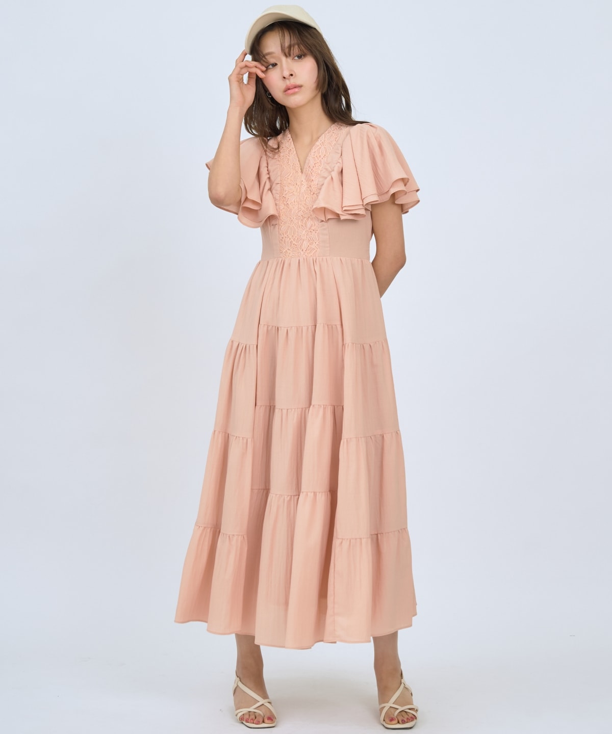 【先行予約受付中】Vネック襟レースティアードワンピース