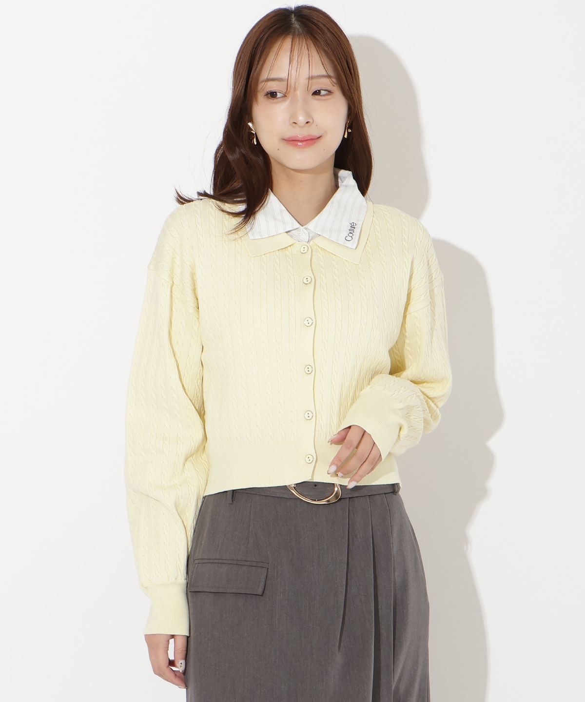 【先行予約受付中】シャツレイヤード風ケーブルカーディガン