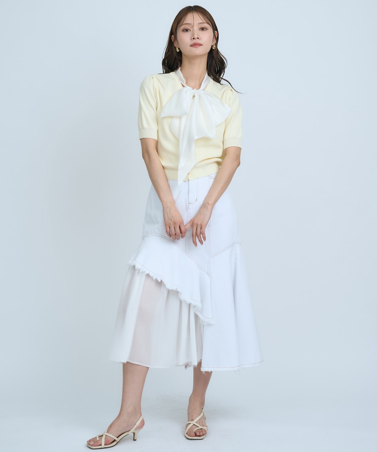 【先行予約受付中】異素材リボン半袖ニットカーディガン