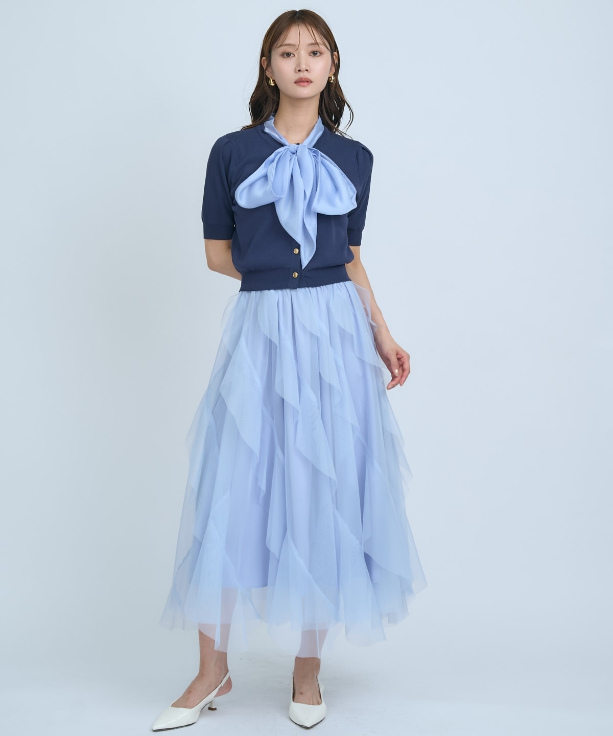 【先行予約受付中】異素材リボン半袖ニットカーディガン