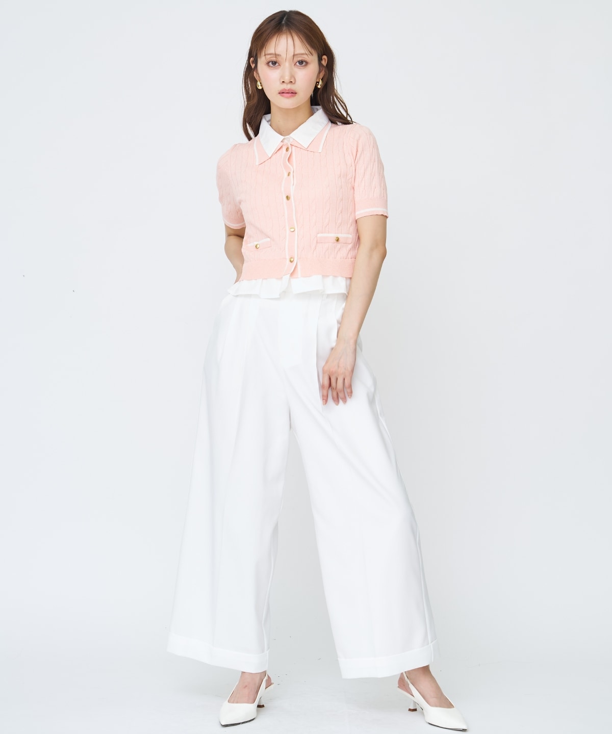 【先行予約受付中】配色シャツ襟ペプラムニットプルオーバー