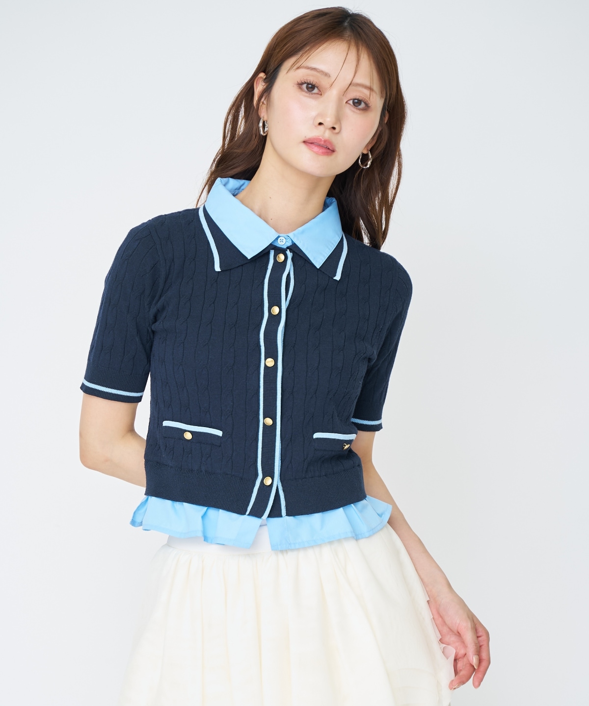 【先行予約受付中】配色シャツ襟ペプラムニットプルオーバー