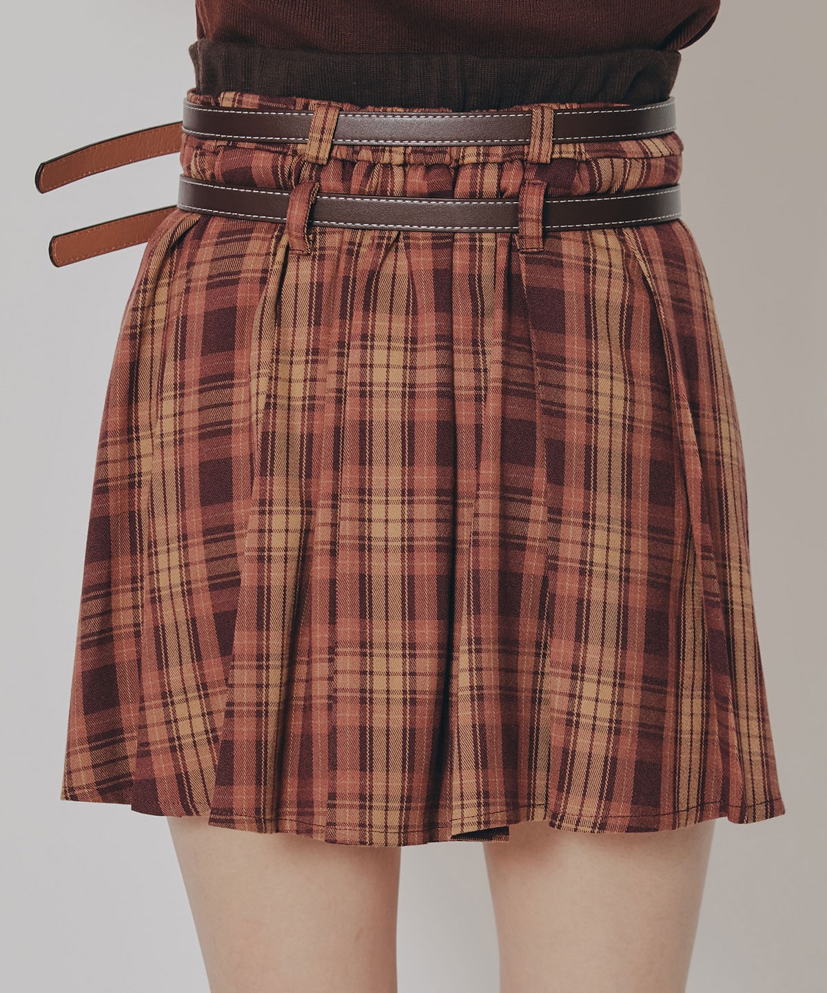 ダブルベルトチェックプリーツミニスカート