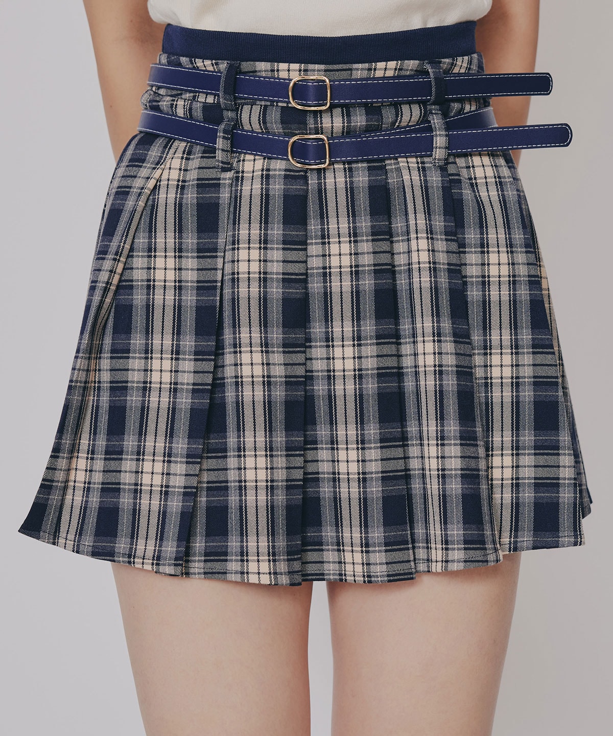 ダブルベルトチェックプリーツミニスカート