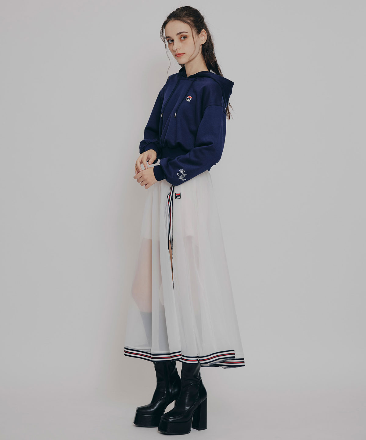 ［FILA×REDYAZEL］チュールレイヤードショートパンツ×トリコロールラインスリットロングスカート