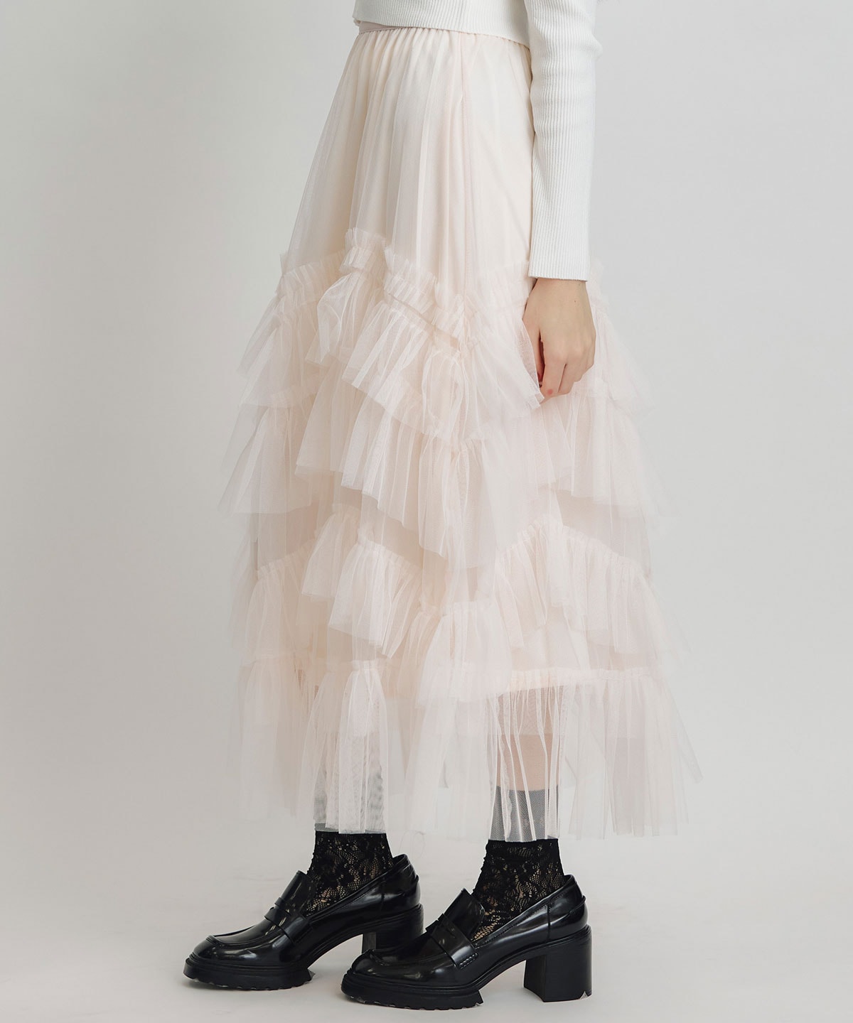 ギャザーチュールティアードロングスカート