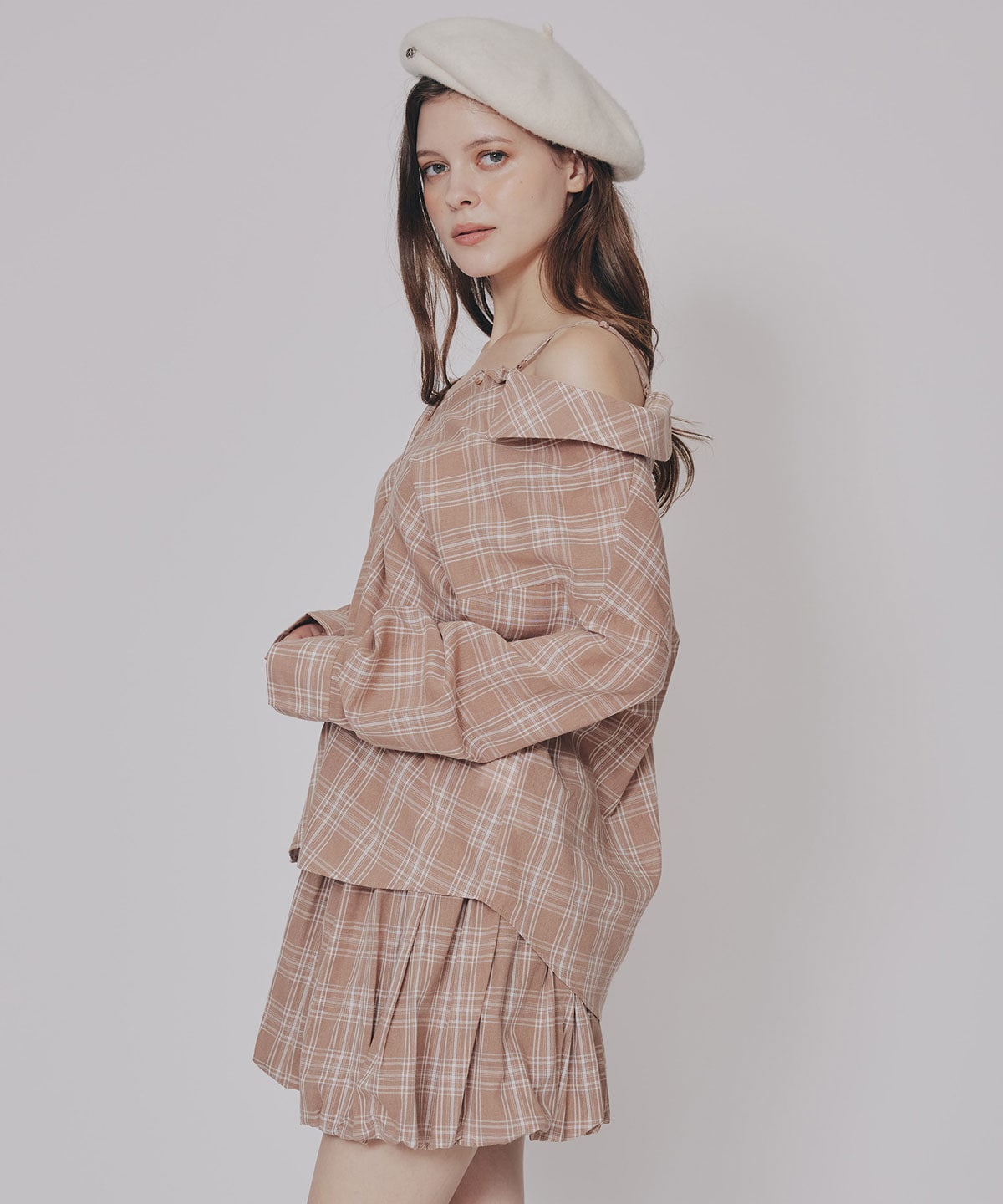 マルチWAYチェックブラウス×バルーンスカートセットアップ