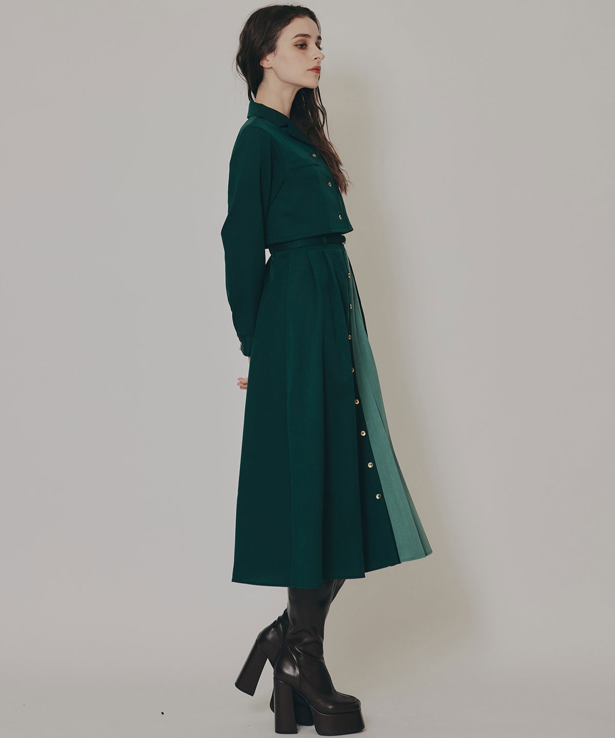 バイカラーアシメプリーツロングスリーブシャツワンピース