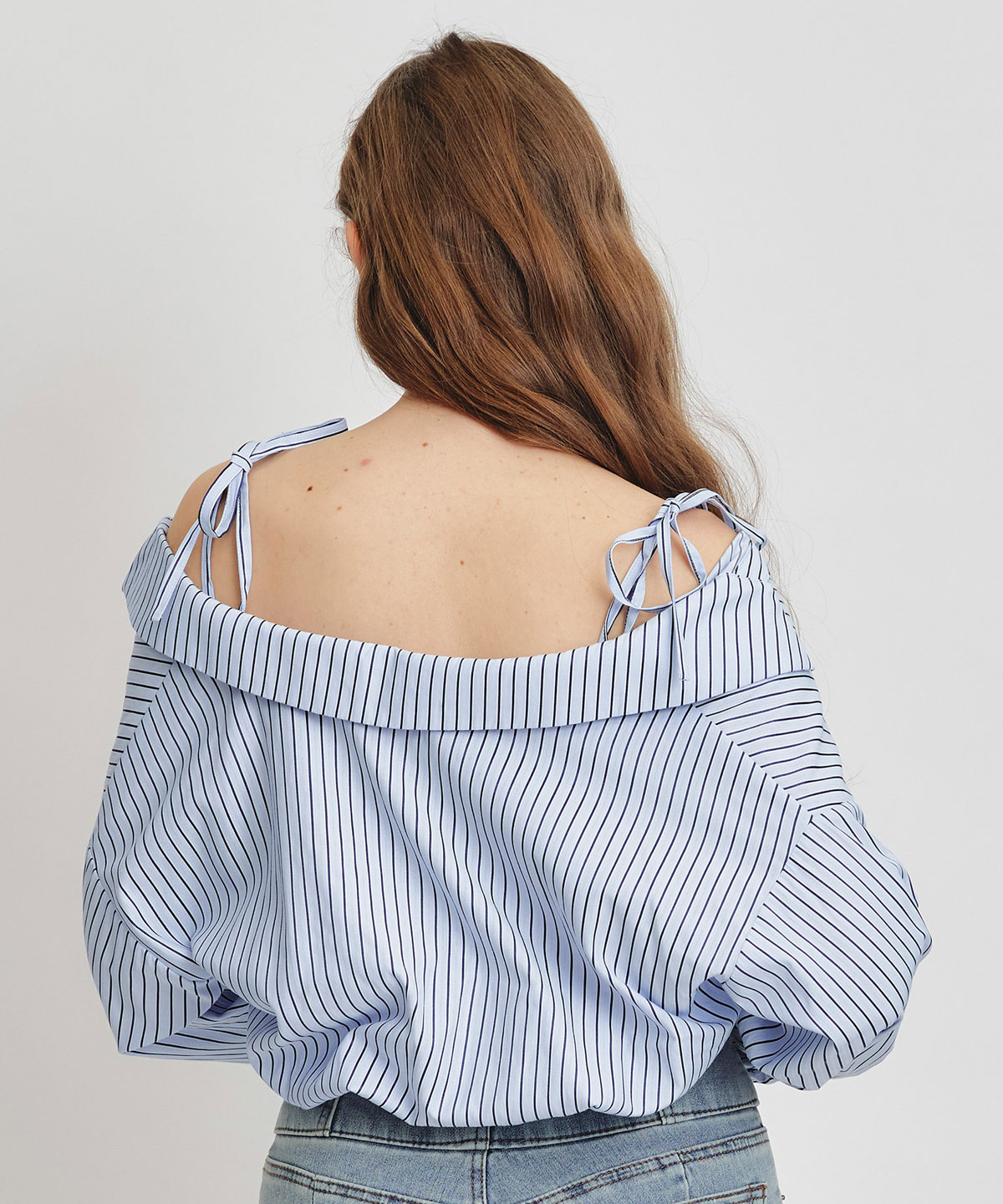 ベアレイヤードストライプバルーンオフショルブラウス