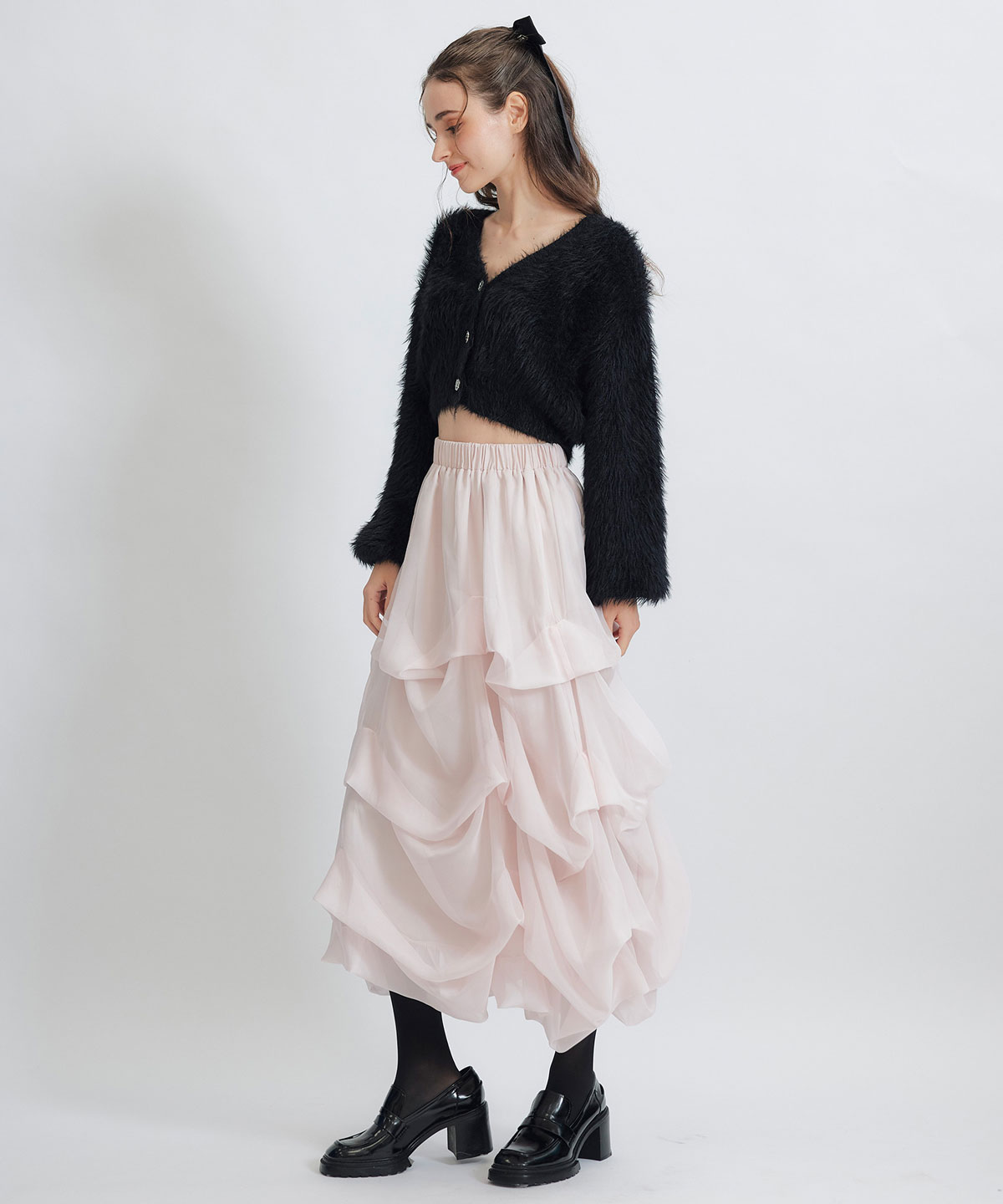 タックバルーンボリュームシフォンロングスカート