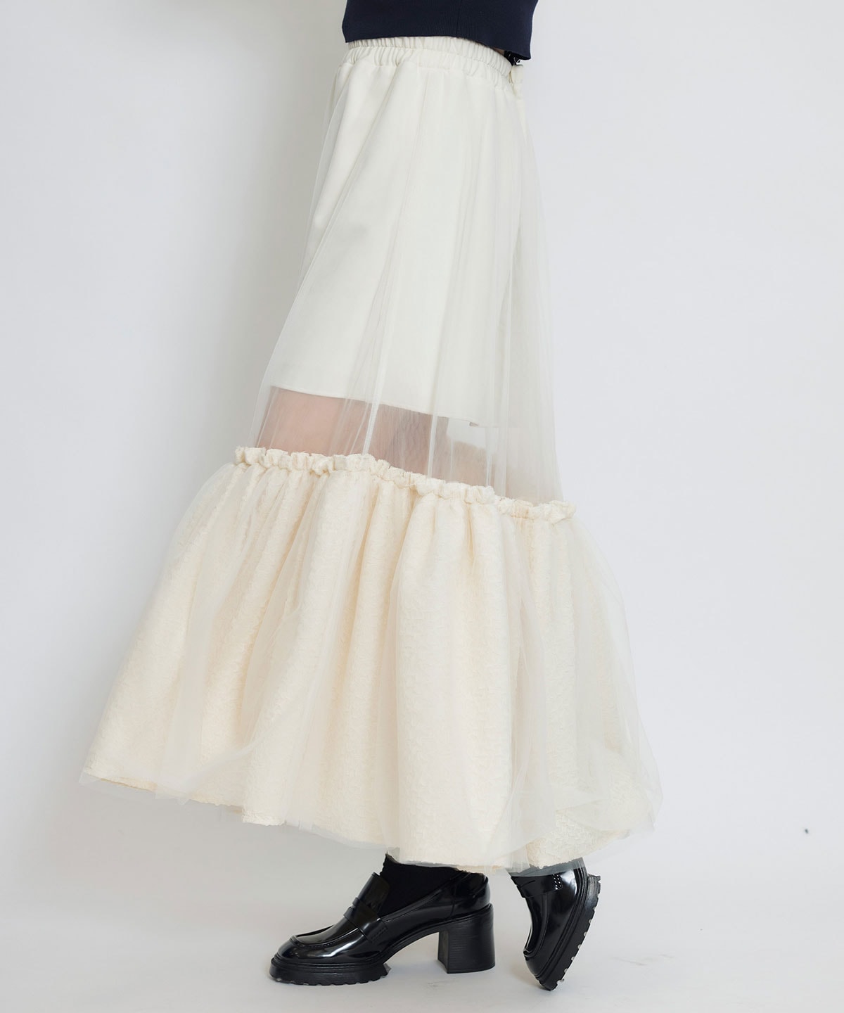 ボリュームシアーチュールフレアロングスカート