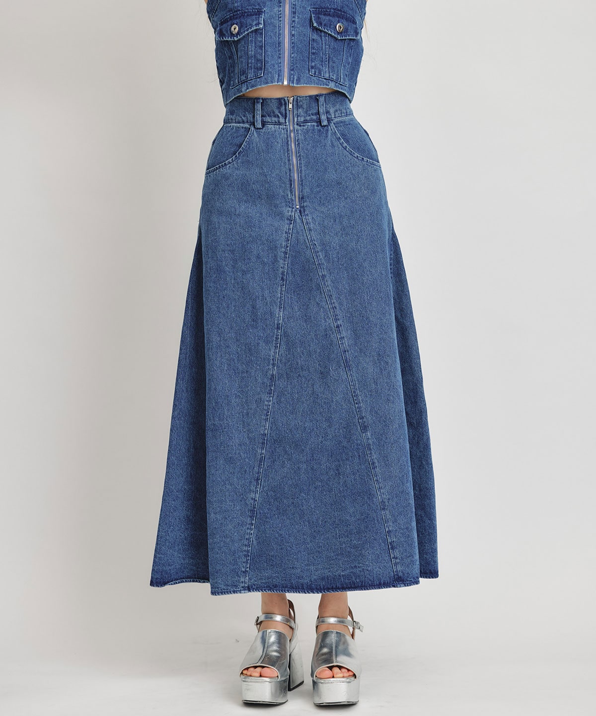 【Chemical Wash Series】ケミカルウォッシュデニムショートビスチェ×ZIPフレアロングスカート