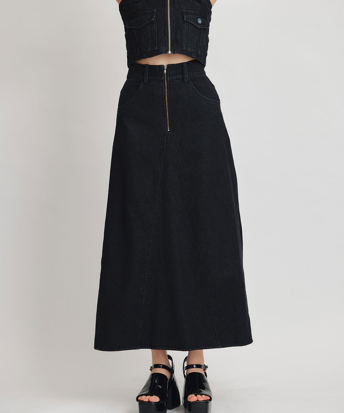 【Chemical Wash Series】ケミカルウォッシュデニムショートビスチェ×ZIPフレアロングスカート