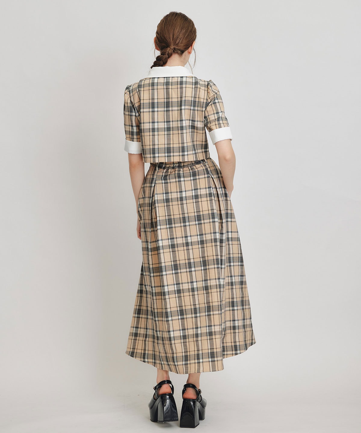 バイカラーチェックブラウス×フレアロングスカートセットアップ