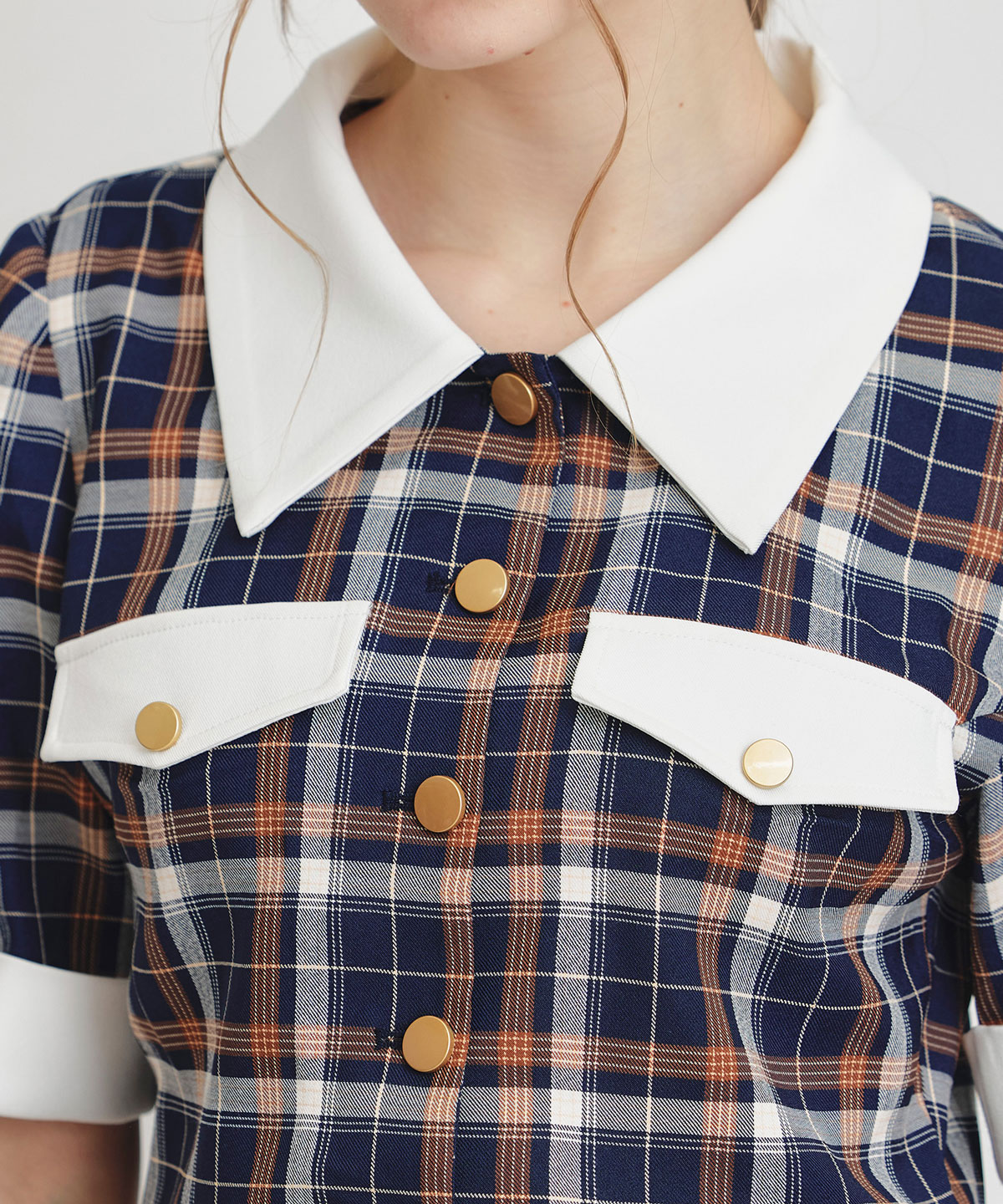 バイカラーチェックブラウス×フレアロングスカートセットアップ