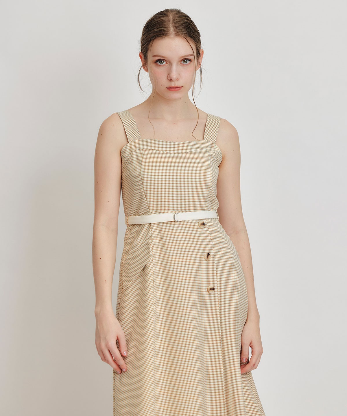 チェックショートジャケットｘアクセントベルトフレアロングワンピースセットアップ