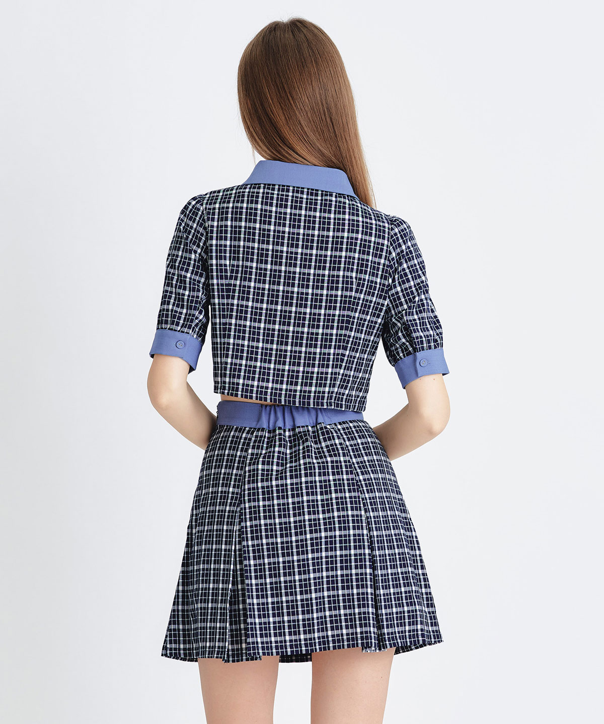 プレッピーネクタイチェックブラウス×プリーツミニスカートセットアップ