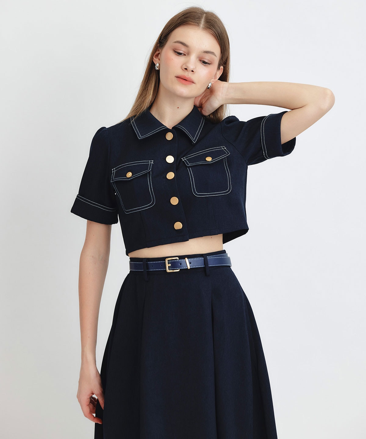 ショートジャケット×フレアロングスカートセットアップ