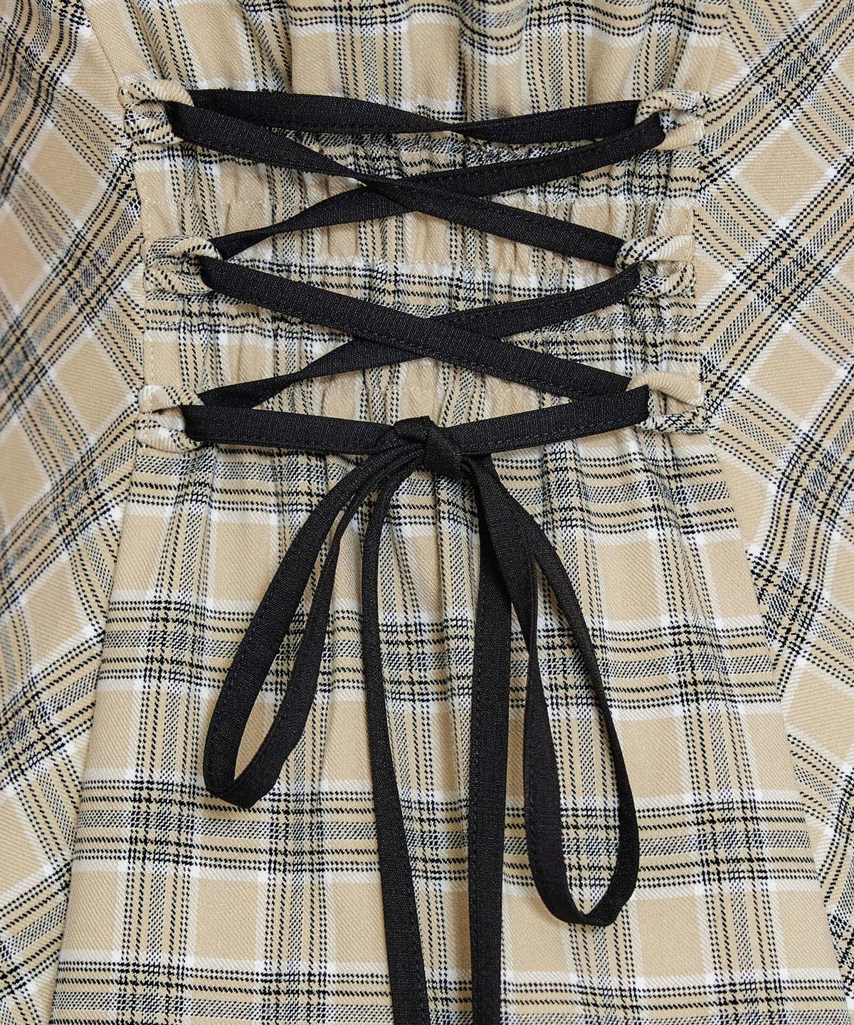 パイピングリボンキャミソールチェックフレアロングワンピース