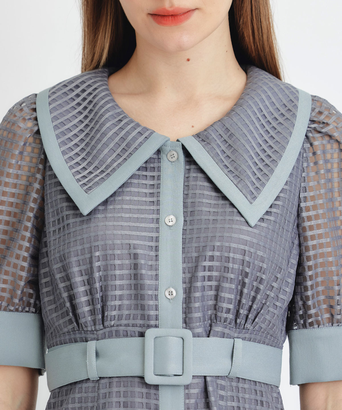 シアーチェックビッグカラーフレアロングワンピース