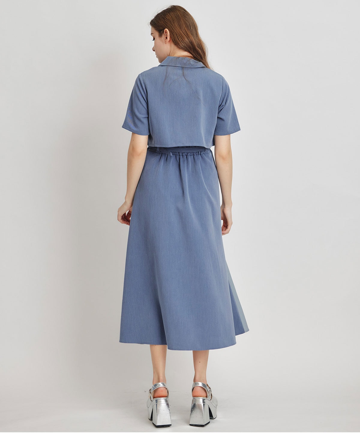 レイヤードサイドプリーツバイカラーロングワンピース