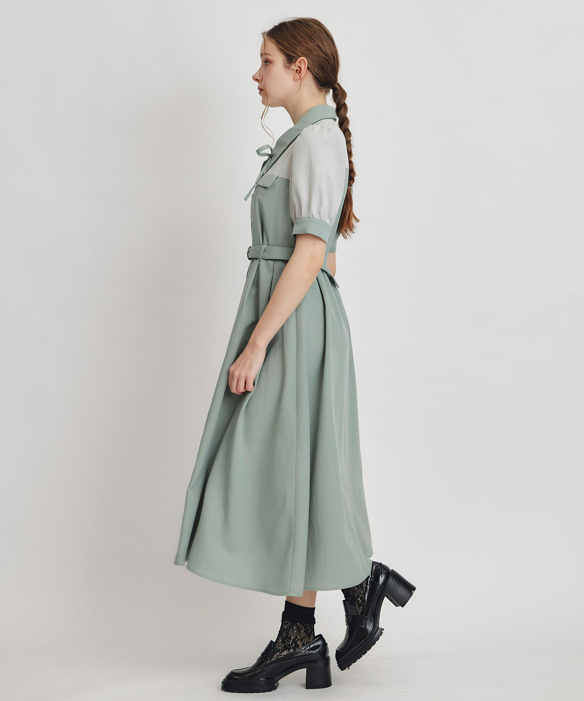 コントラストカラーシャツフレアロングワンピース