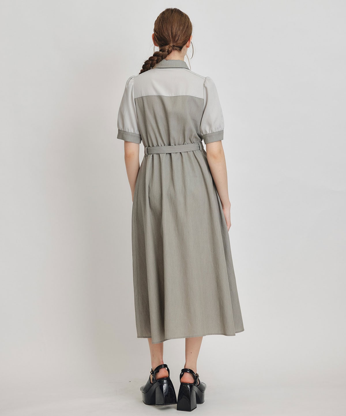 コントラストカラーシャツフレアロングワンピース