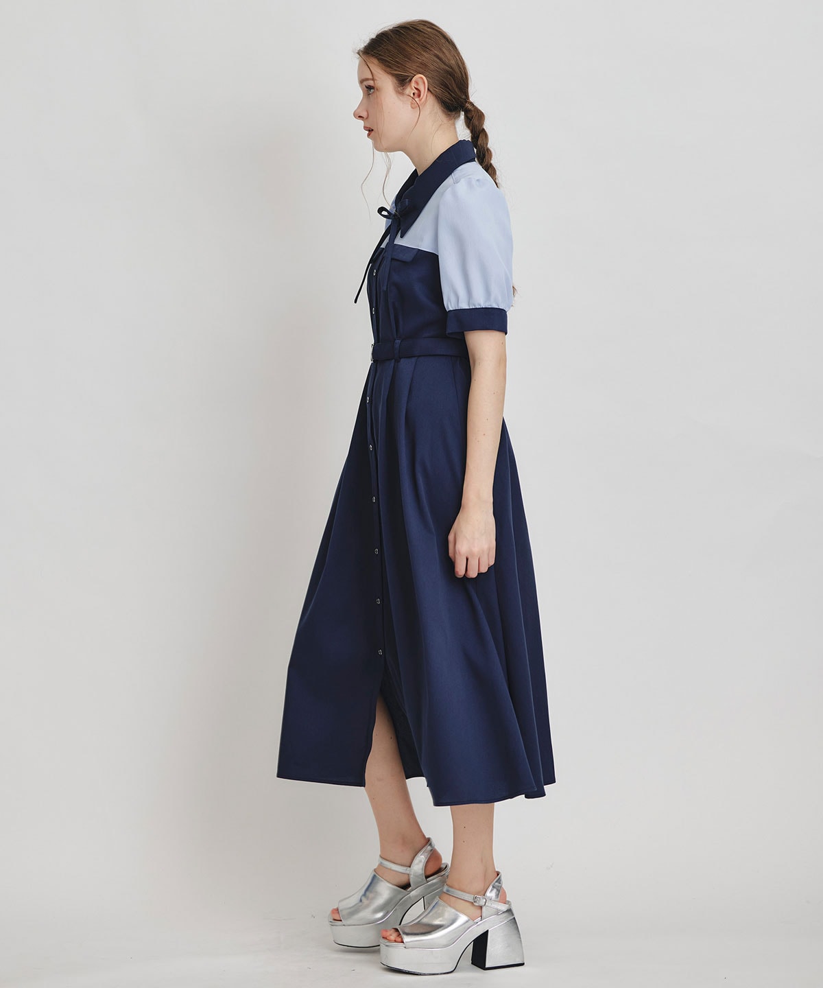 コントラストカラーシャツフレアロングワンピース