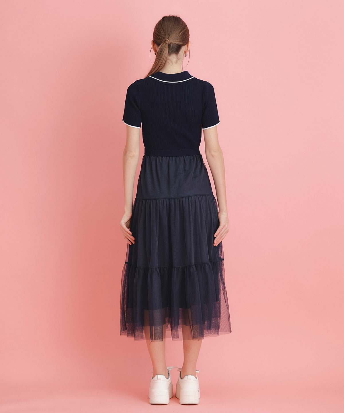 ポロニットチュールティアードドッキングロングワンピース