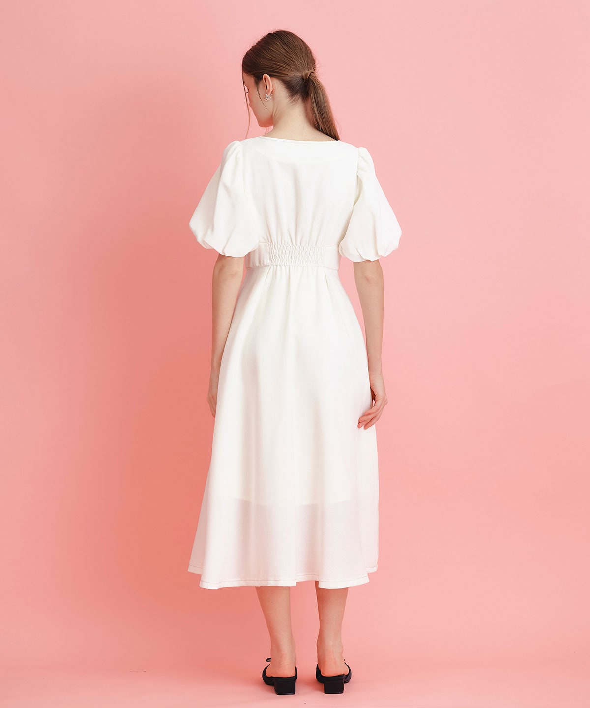 コルセットバルーンスリーブフレアロングワンピース