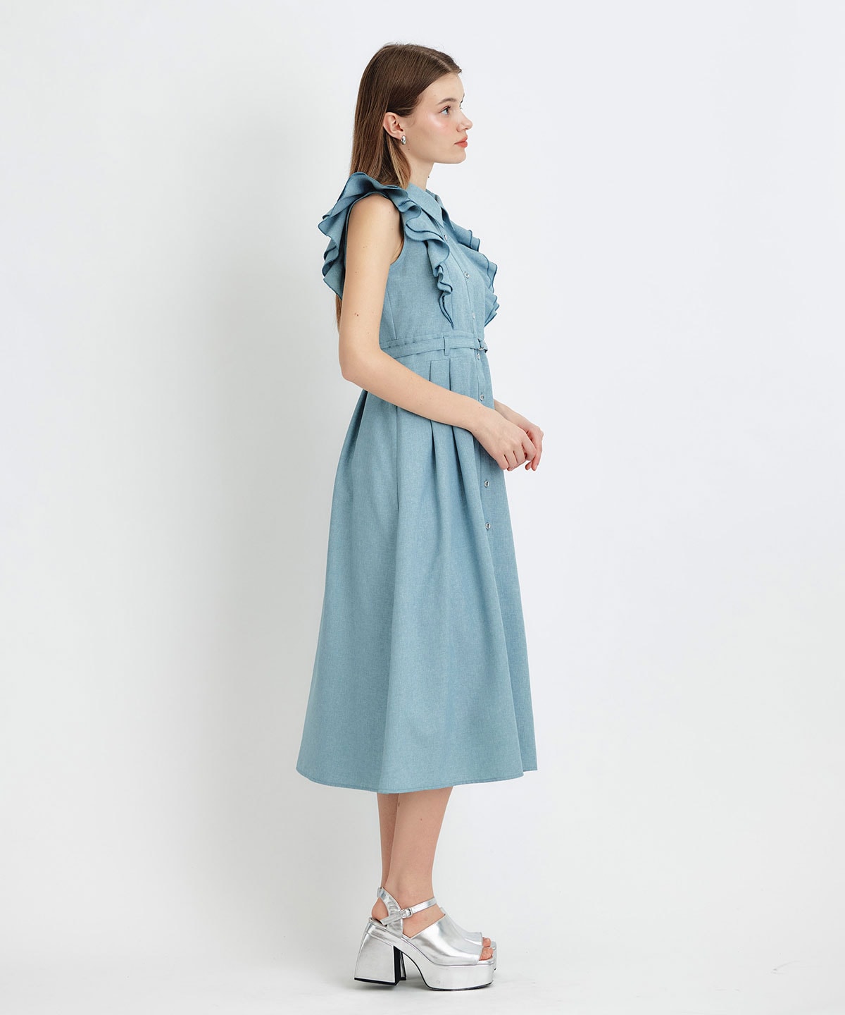 フリルシャツフレアロングワンピース