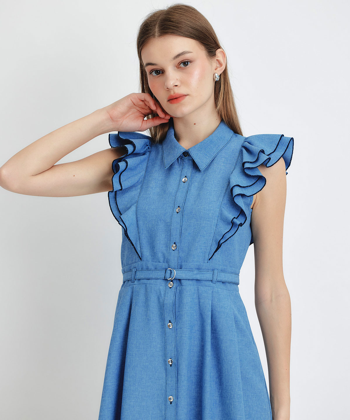 フリルシャツフレアロングワンピース