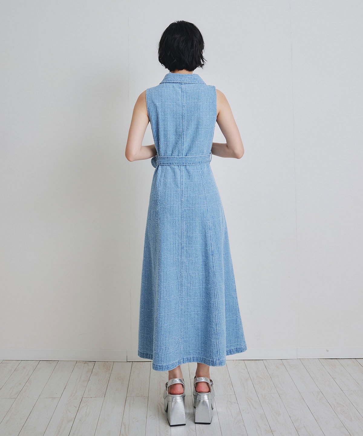 レーザーカットデニムロングシャツワンピース