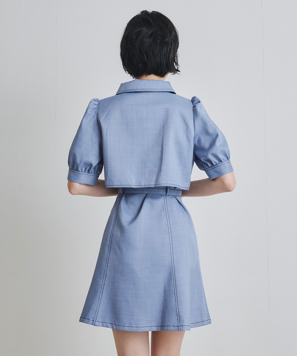 ステッチバイカラーレイヤードフレアミニワンピース