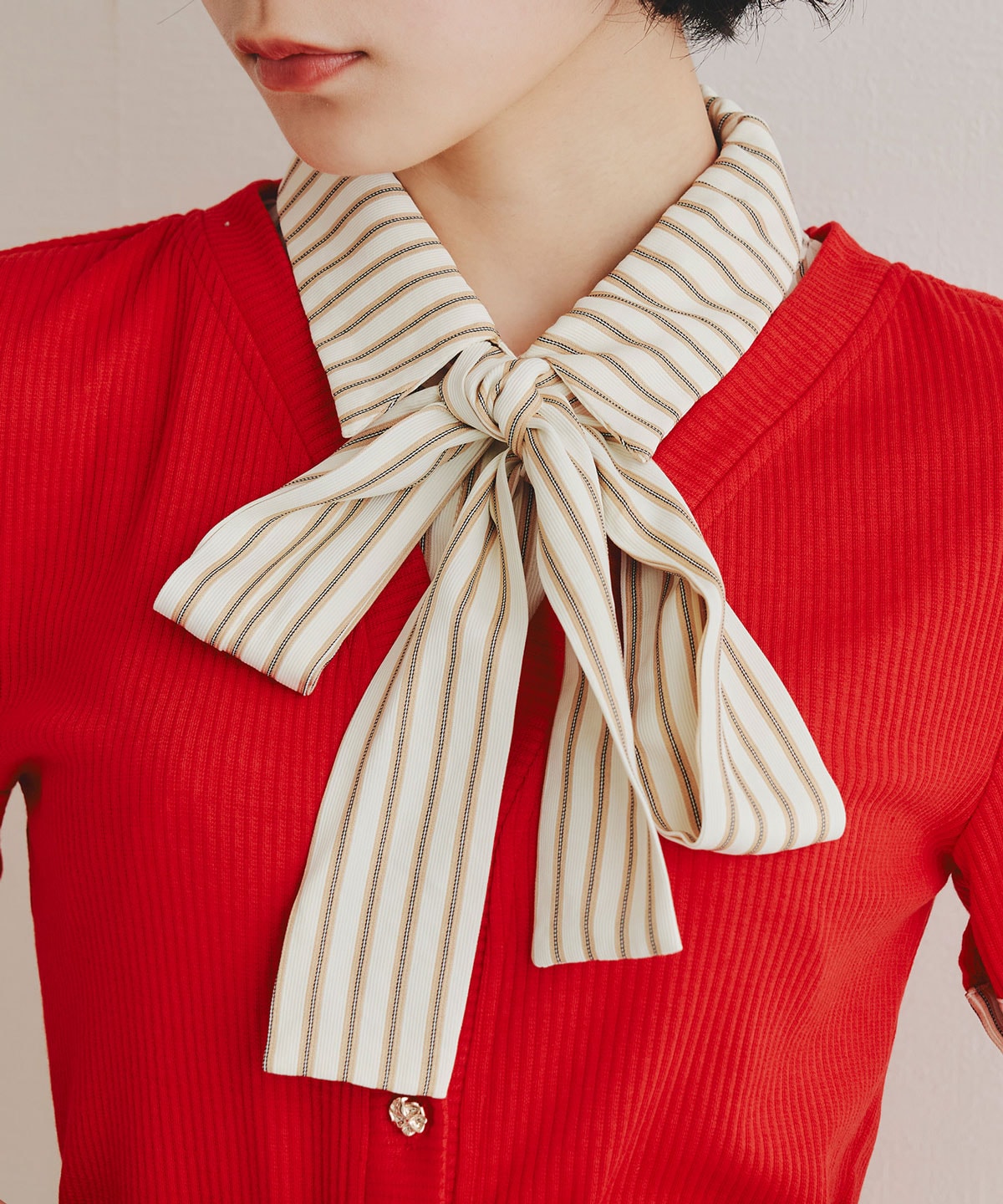 ストライプリボンタイレイヤードニットトップス