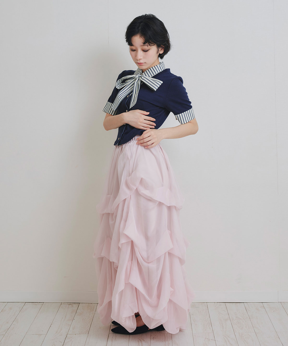 ストライプリボンタイレイヤードニットトップス