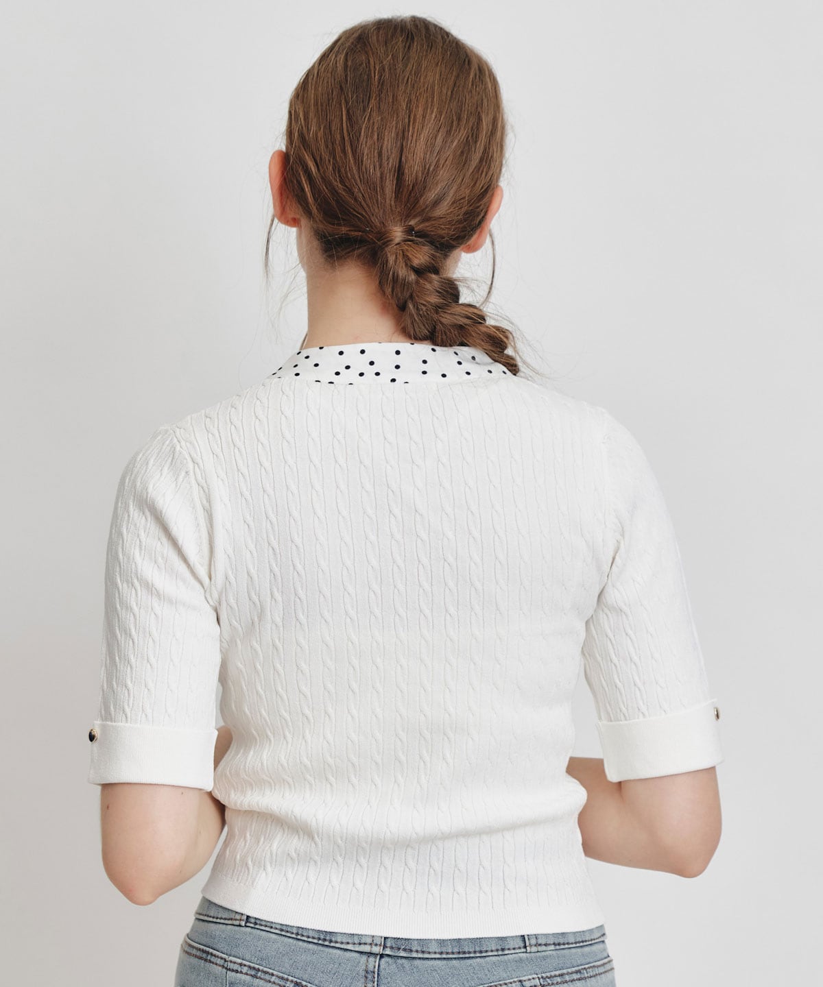 ケーブルリボンタイハーフスリーブニットプルオーバー