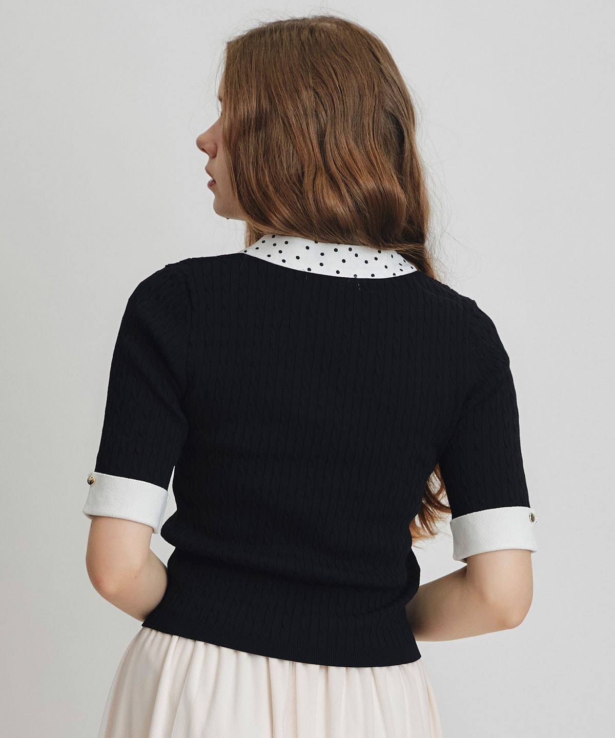 ケーブルリボンタイハーフスリーブニットプルオーバー