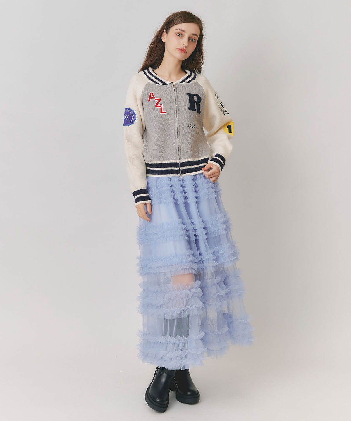 チュールフリルティアードロングスカート
