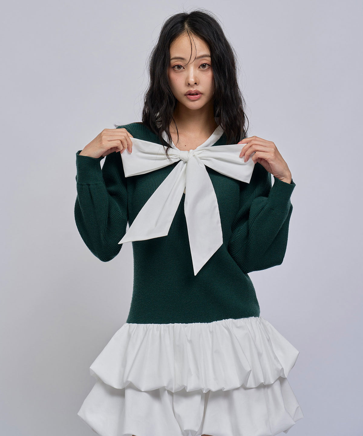 【=LOVE 大場花菜さん着用】ビッグリボンティアードニットシャツミニワンピース