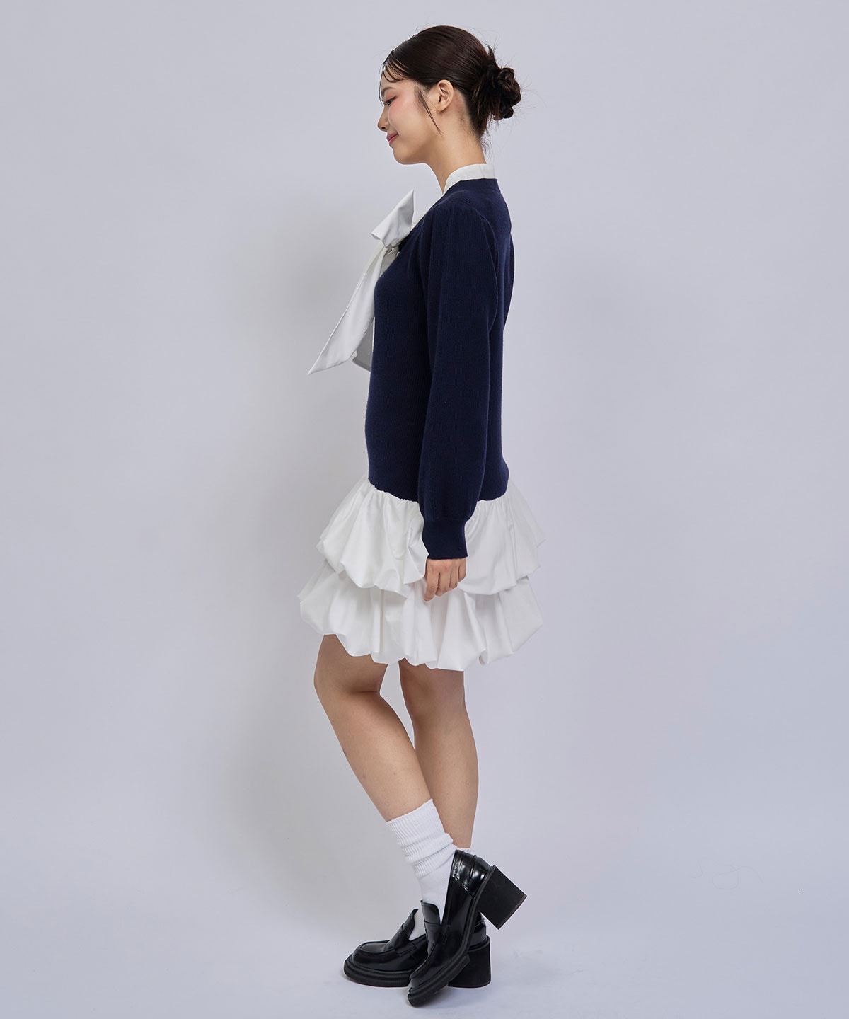 【=LOVE 大場花菜さん着用】ビッグリボンティアードニットシャツミニワンピース