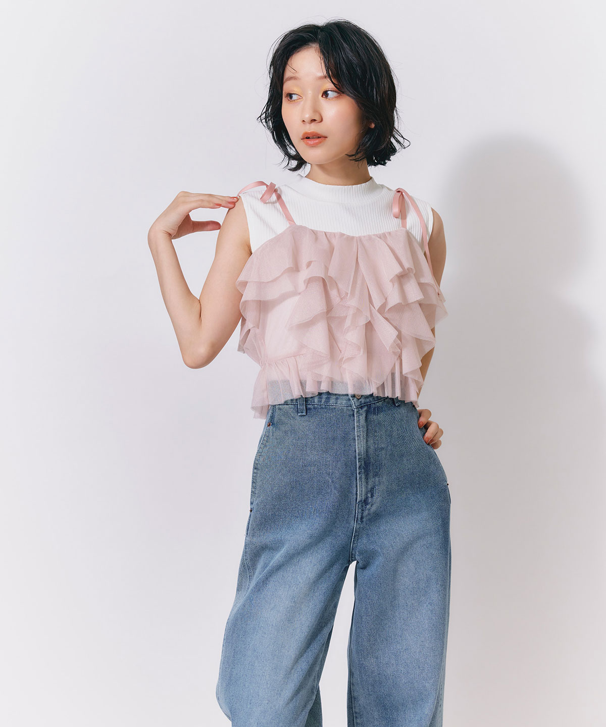 ショルダーリボンビスチェ×ノースリーブニット