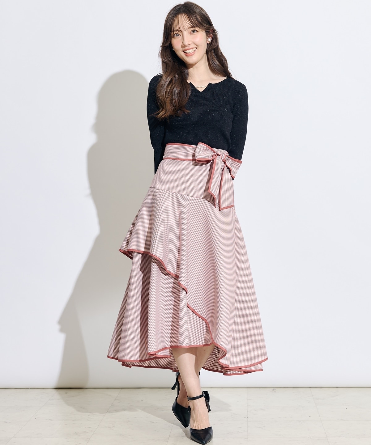 リボンベルトアシメフレアパイピングスカート