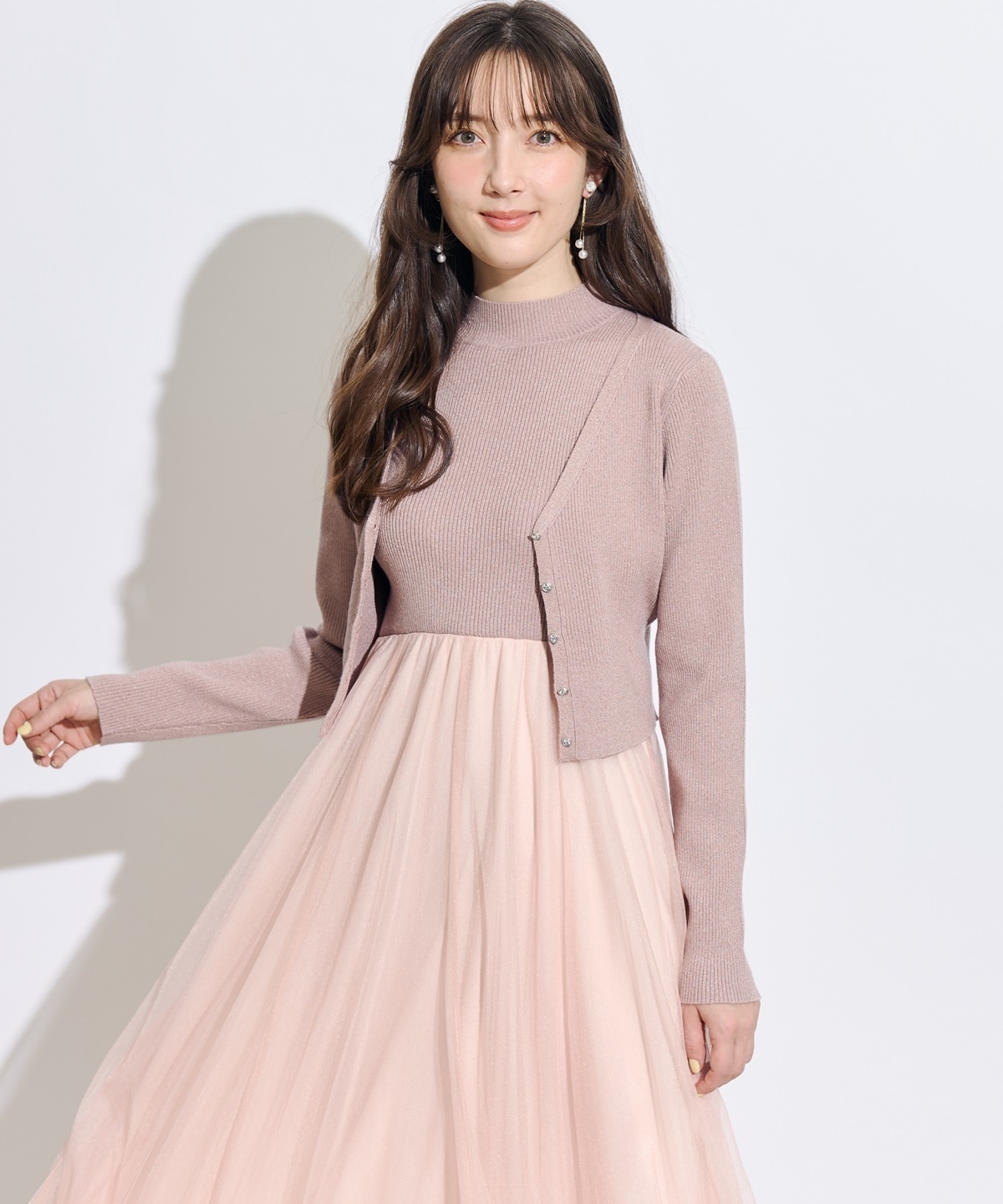 【展示会3位】カーディガンアンサンブルラメニットドッキングワンピース