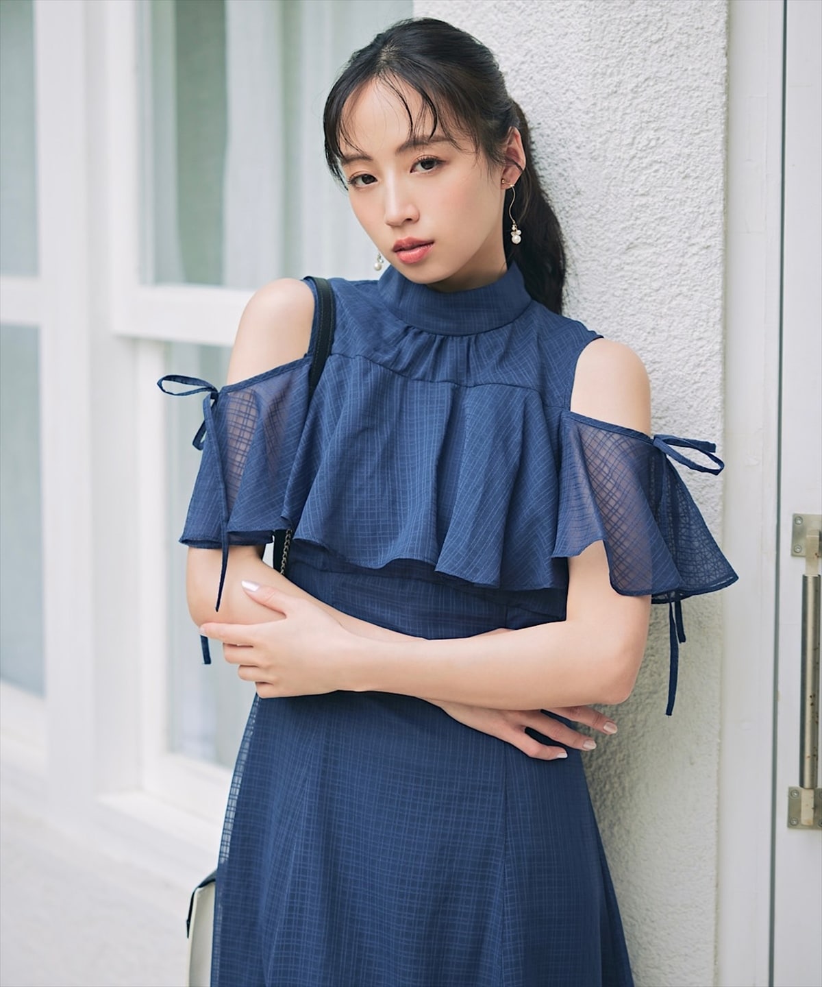 シアーチェックケープオフショルワンピース